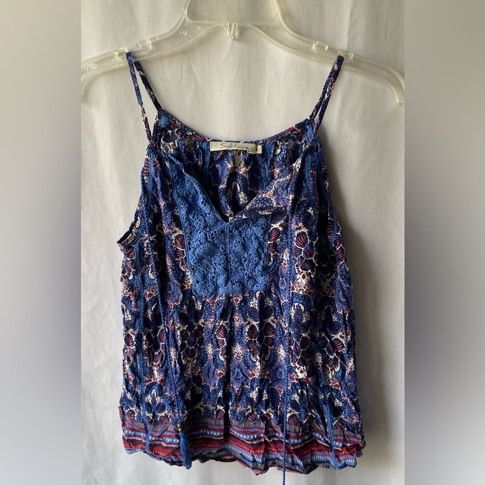 Solitaire Floral Pattern Size Medium Thin Strap Womens Tank Top Tassel Lace